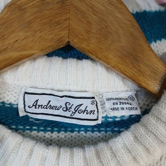 Vintage Andrew st john womens small blue green stipe crewneck sweater - Picture 5 of 5